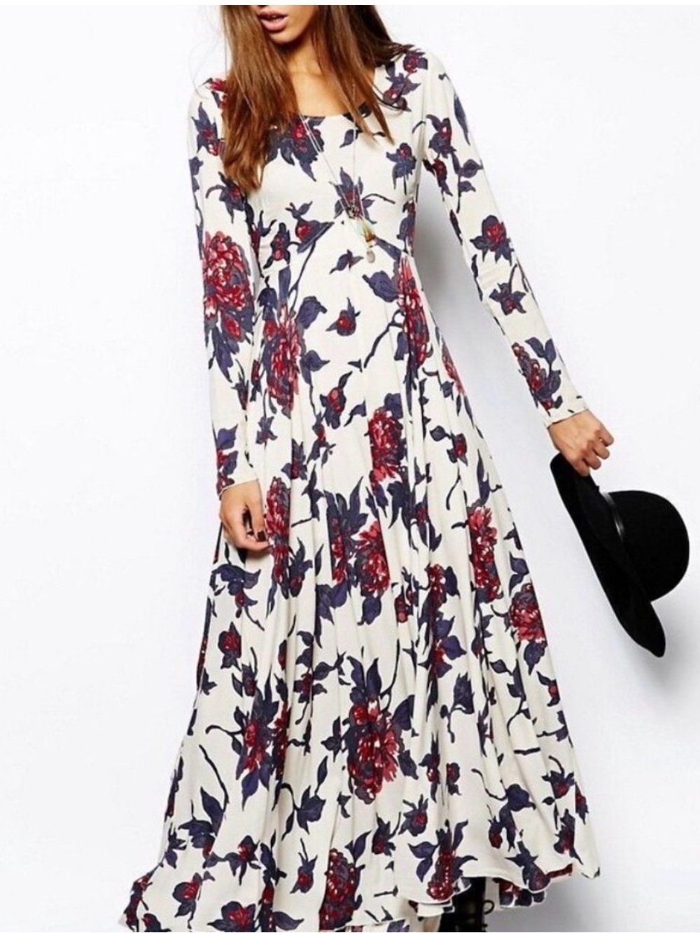 Free People White Maxi Dress with Red & Navy Floral